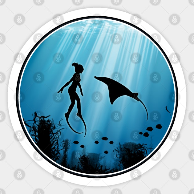 Freediver and Manta Ray Sticker by NicGrayTees